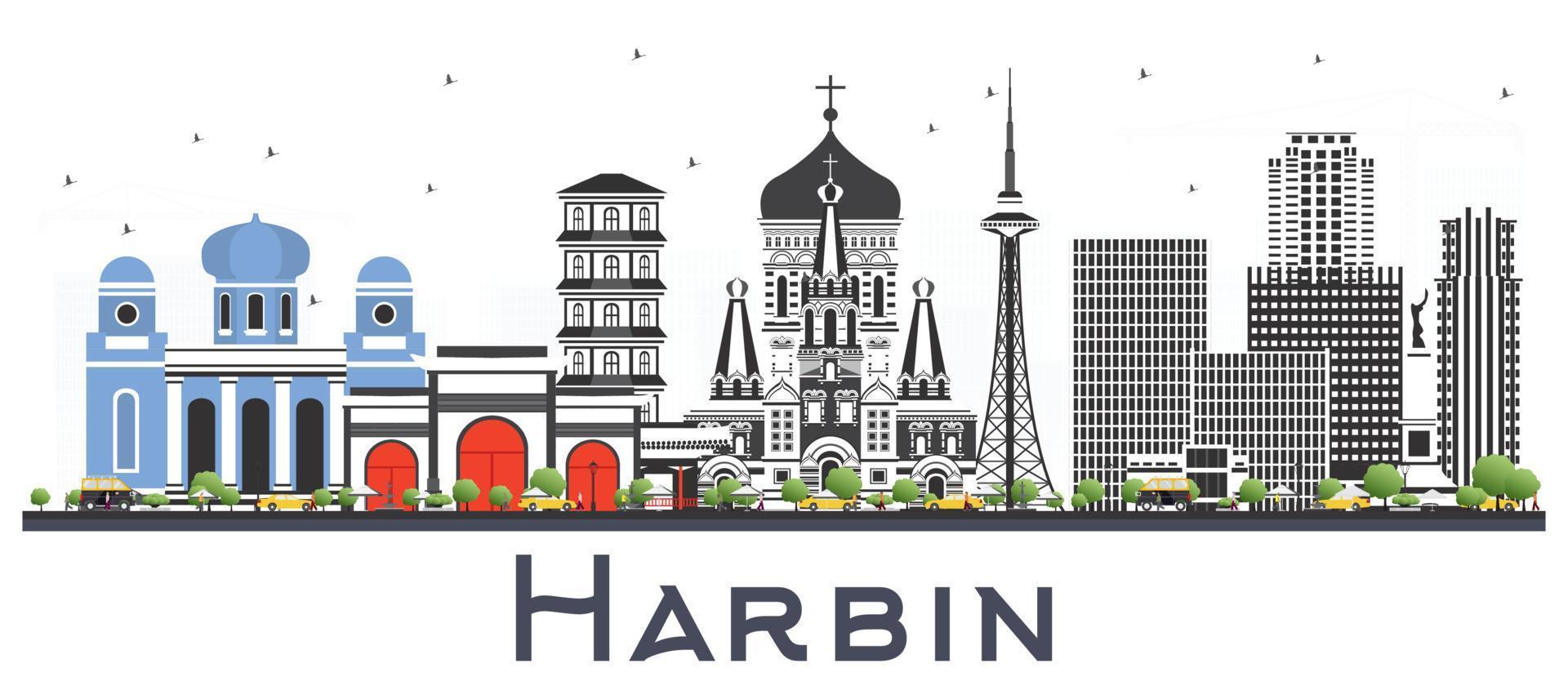 harbin China stad horizon met grijs gebouwen geïsoleerd Aan wit. vector