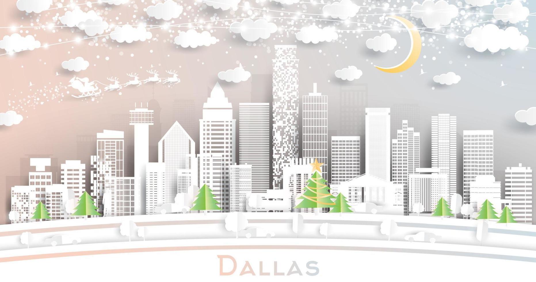 Dallas Texas stad horizon in papier besnoeiing stijl met sneeuwvlokken, maan en neon guirlande. vector