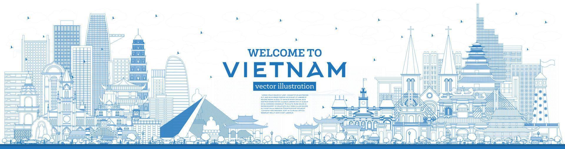 schets Welkom naar Vietnam horizon met blauw gebouwen. vector