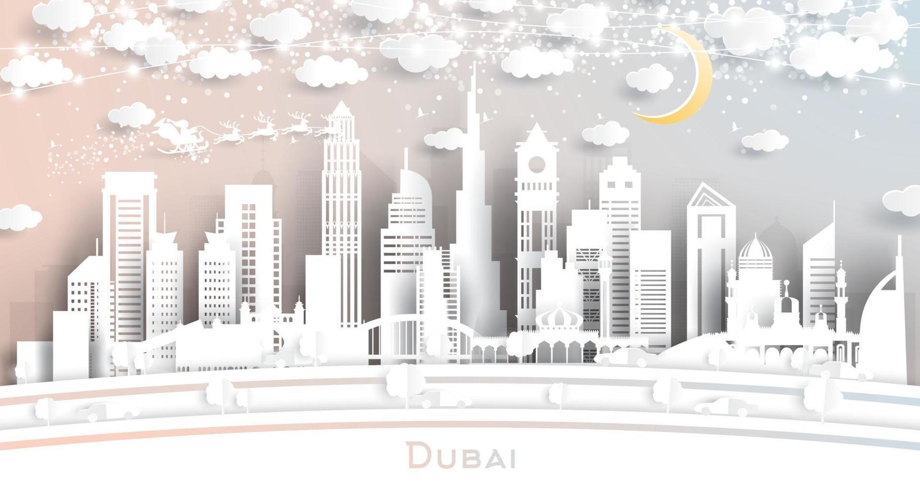 Dubai uae stad horizon in papier besnoeiing stijl met sneeuwvlokken, maan en neon guirlande. vector