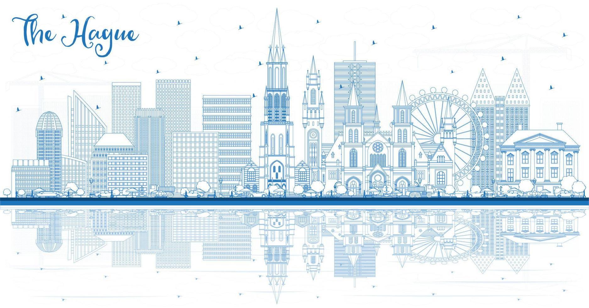 schets de haag Nederland stad horizon met blauw gebouwen en reflecties. vector