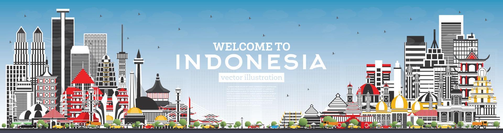 Welkom naar Indonesië horizon met grijs gebouwen en blauw lucht. vector