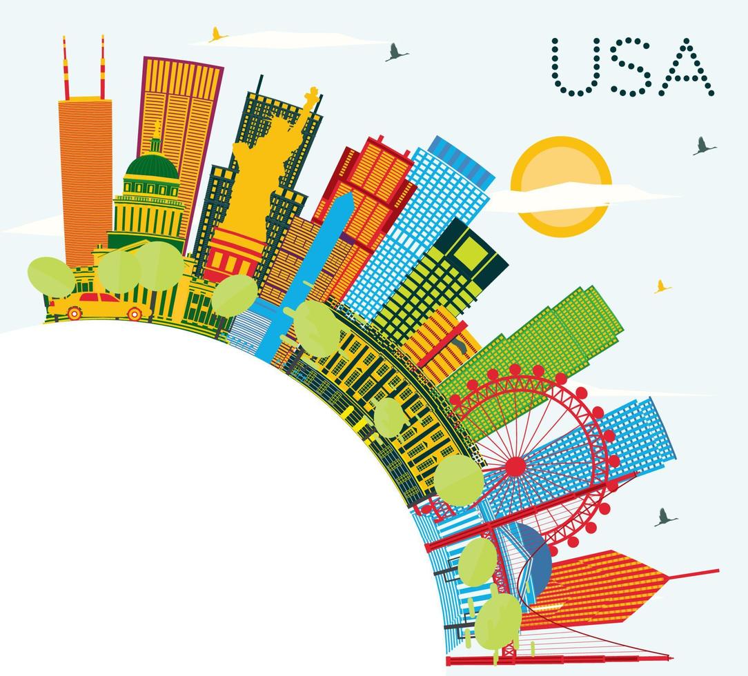 Verenigde Staten van Amerika horizon met kleur wolkenkrabbers en oriëntatiepunten. vector