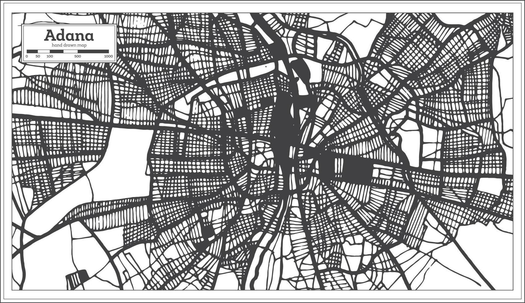 Adana kalkoen stad kaart in zwart en wit kleur in retro stijl. schets kaart. vector