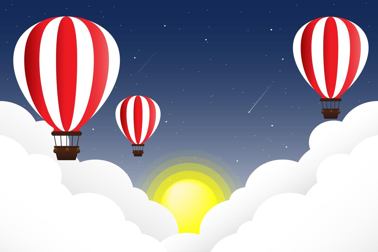 ballonnen zwevend in de lucht met wolken en zon vector