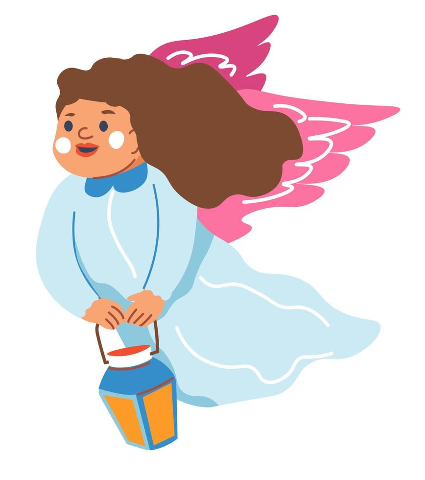 Cupido of engel met lantaarn, klein meisje met Vleugels vector