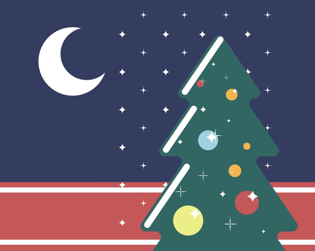 Kerstmis nacht, pijnboom boom met kerstballen slingers vector