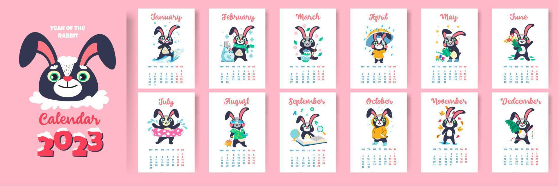kalender voor 2023, jaar van konijn, maanden en dagen vector