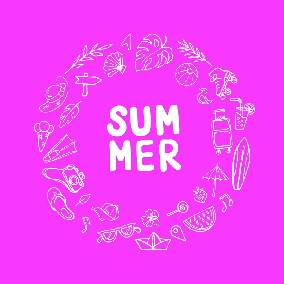 zomer, zacht seizoen, tekening cirkel samenstelling Aan roze. vakantie voorwerpen, tekenfilm afbeeldingen, toevlucht, Indisch zomer. hand- getrokken ontwerp elementen voor afdrukken, dagboek, sociaal media vector