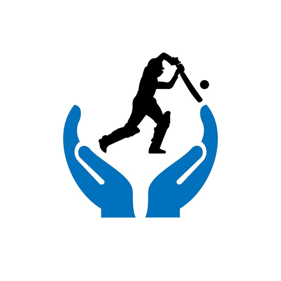 hand- cricketspeler logo ontwerp. cricketspeler logo met hand- concept vector. cricketspeler en hand- logo ontwerp vector