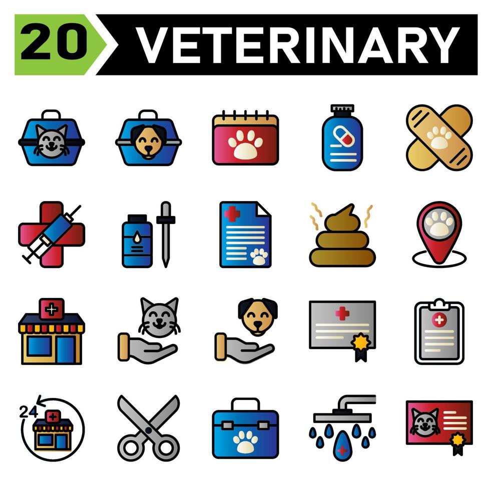 veterinair icoon reeks omvatten vervoerder, dierenarts, huisdier, doos, kat, hond, kalender, afspraak, veterinair, schema, medicatie, supplement, vitamine, vaccin, gebandeerd, kliniek, dokter, spuit, virus, vluchten vector