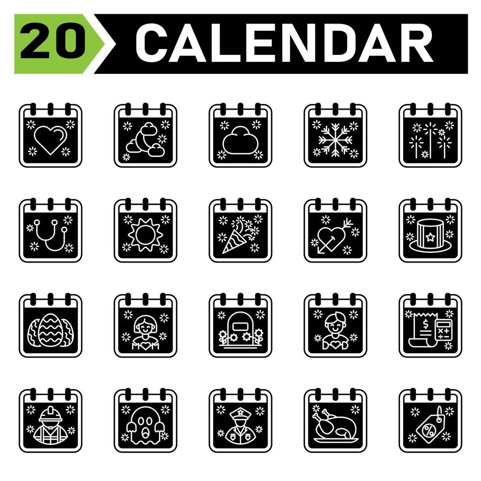 kalender evenement icoon reeks omvatten liefde, haard, kalender, datum, evenement, Islam, maan, wolk, het weer, sneeuw, vlok, vuurwerk, partij, stethoscoop, dokter, medisch, zon, dag, nieuw jaar, verjaardag, Valentijn vector