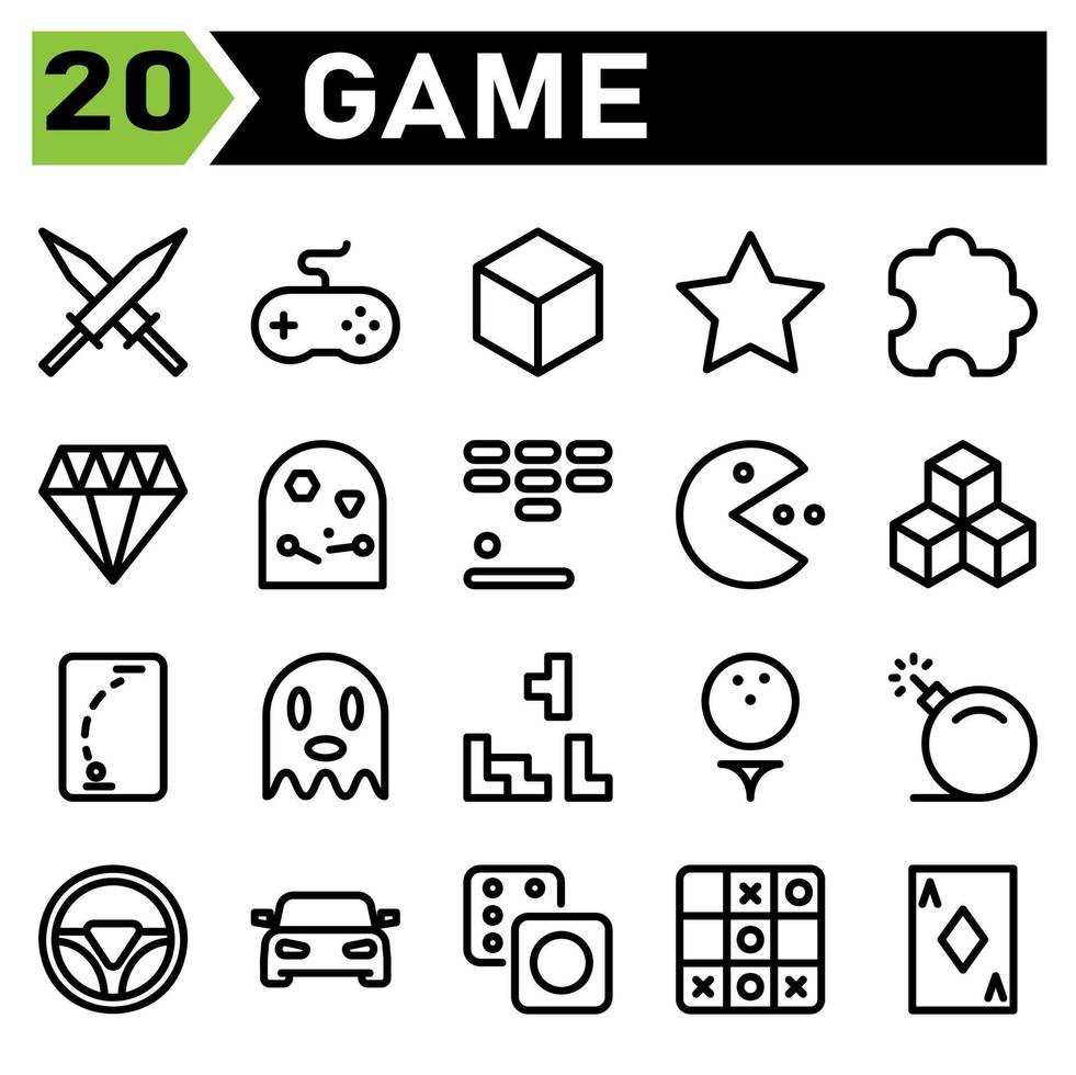 Speel spel icoon reeks omvatten zwaard, spel, wapen, spellen, troosten, speler, gamen, stok, kubus, vierkant, doos, geschenk, prestatie, ster, winnen, favoriet, puzzel, strategie, sieraden, kristal, edelsteen, diamant vector