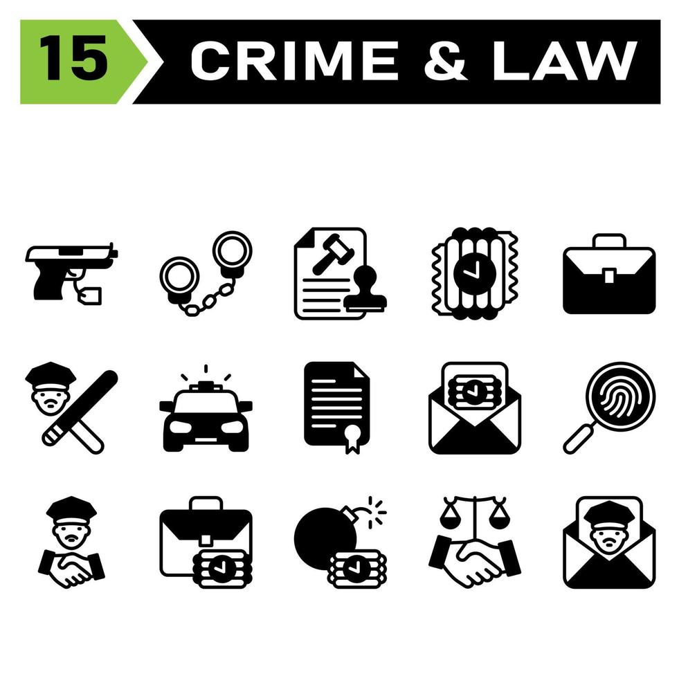misdrijf en wet icoon reeks omvatten pistool, wapen, geweer, misdrijf, bewijs, handboeien, arresteren, manchetten, gevangene, politie, stempel, document, hamer, gerechtigheid, het dossier, dynamiet, bom, terreur, tijd, aktentas, kantoor vector