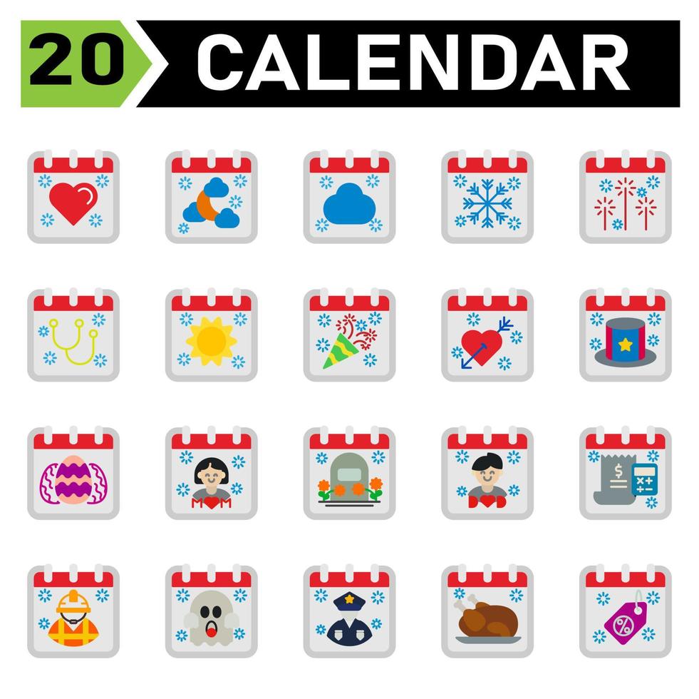 kalender evenement icoon reeks omvatten liefde, haard, kalender, datum, evenement, Islam, maan, wolk, het weer, sneeuw, vlok, vuurwerk, partij, stethoscoop, dokter, medisch, zon, dag, nieuw jaar, verjaardag, Valentijn vector