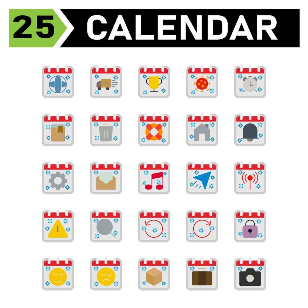 kalender evenement icoon reeks omvatten globaal, wereld, kalender, datum, evenement, bestelwagen, afspraak, trofee, corona, virus, alarm, klok, boek, school, afval, verwijderen, boei, veiligheid, huis, huis, klok, versnelling, instelling vector