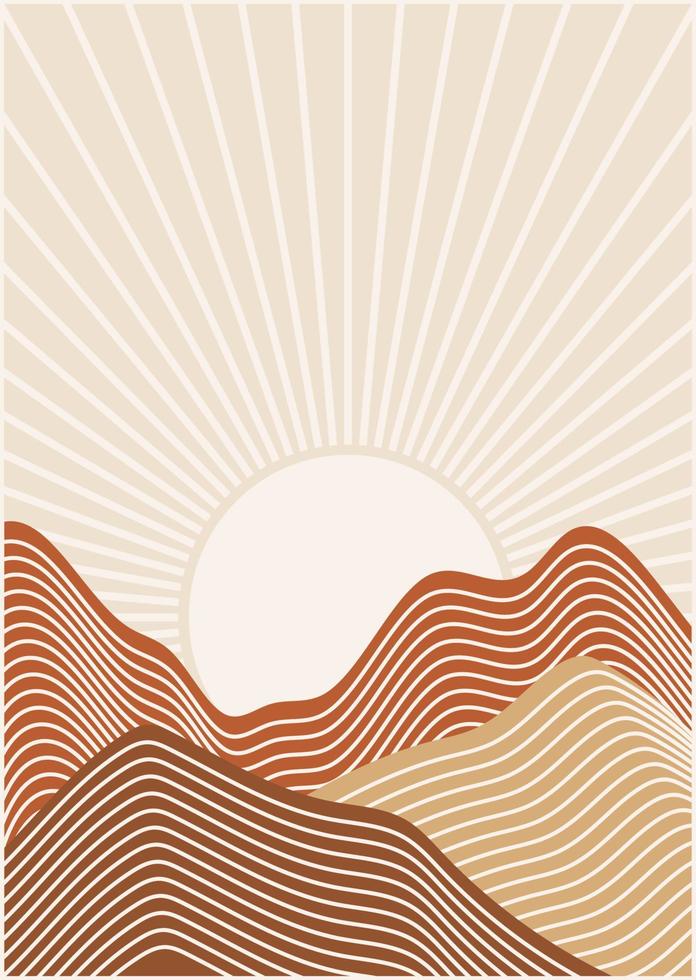 abstract bekleed achtergrond met zonsopkomst landschap. aarde tonen, terracotta kleuren. boho muur decor. midden eeuw modern minimalistische kunst afdrukken vector