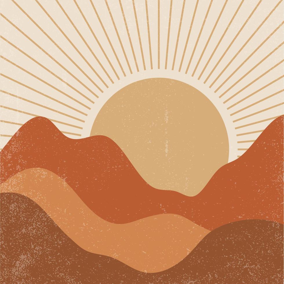 plein esthetisch achtergrond met zonsondergang landschap. aarde tonen, verbrand oranje, terracotta kleuren. boho muur decor. midden eeuw modern minimalistische kunst afdrukken. vector