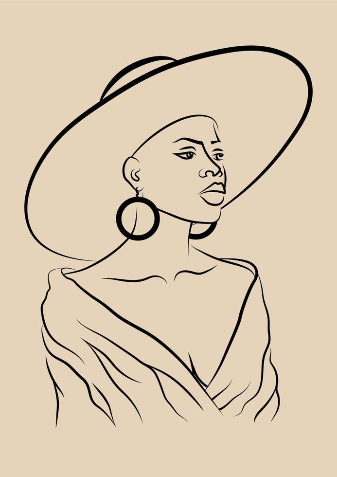 Afrikaanse vrouw in hoed lineair tekening illustratie. minimalistisch modern Dames gezicht lijn kunst. vector a4 afdrukken