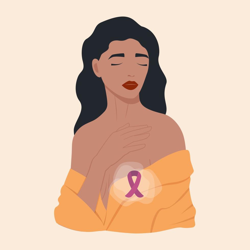 jong vrouw met borst kanker illustratie karakter. staand figuur. vol lichaam persoon Aan wit. gemakkelijk tekenfilm stijl illustratie voor web grafisch ontwerp en animatie vector