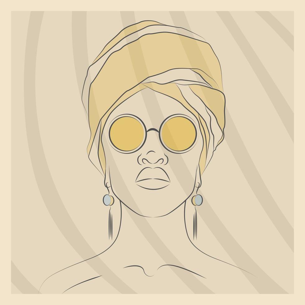 Afrikaanse etnisch vrouw in bril stijl portret ansichtkaart illustratie. plein zomer vector illustratie.