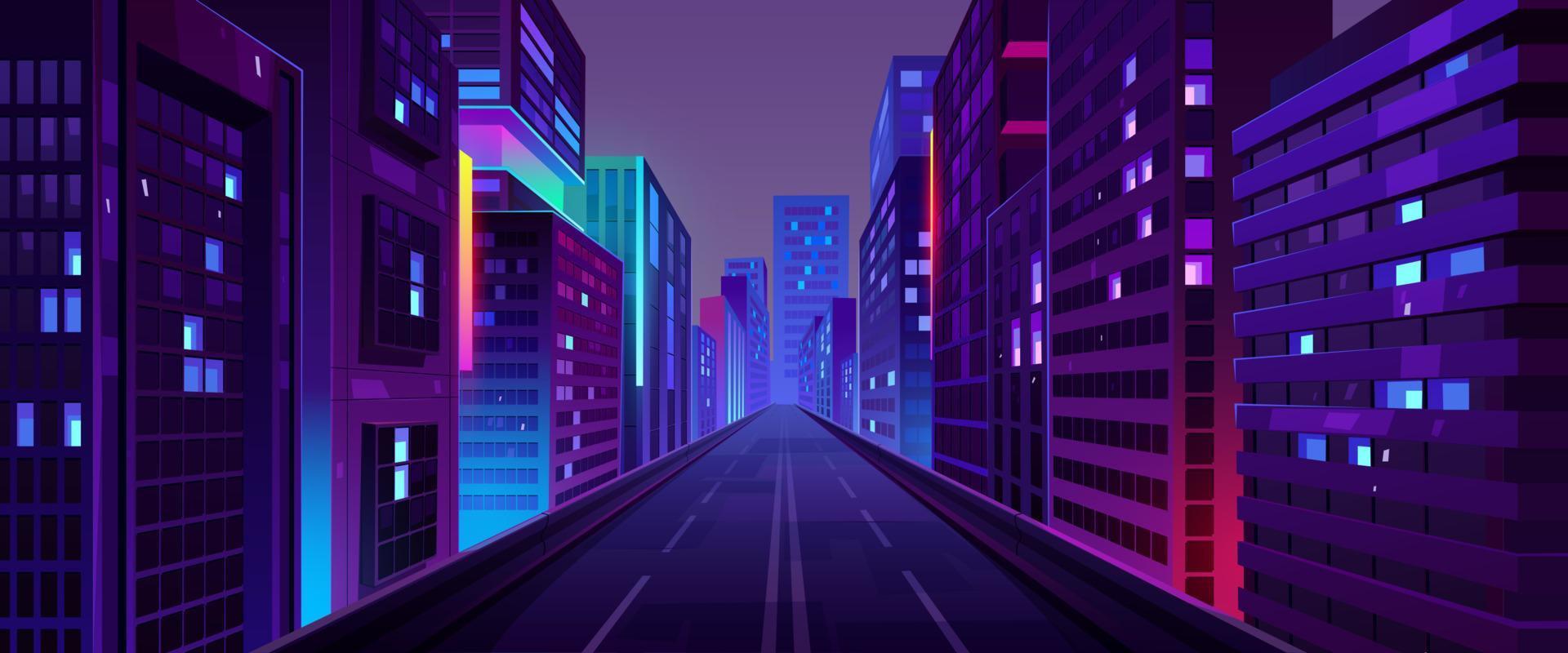 stad nacht straat, weg en huizen met neon licht vector
