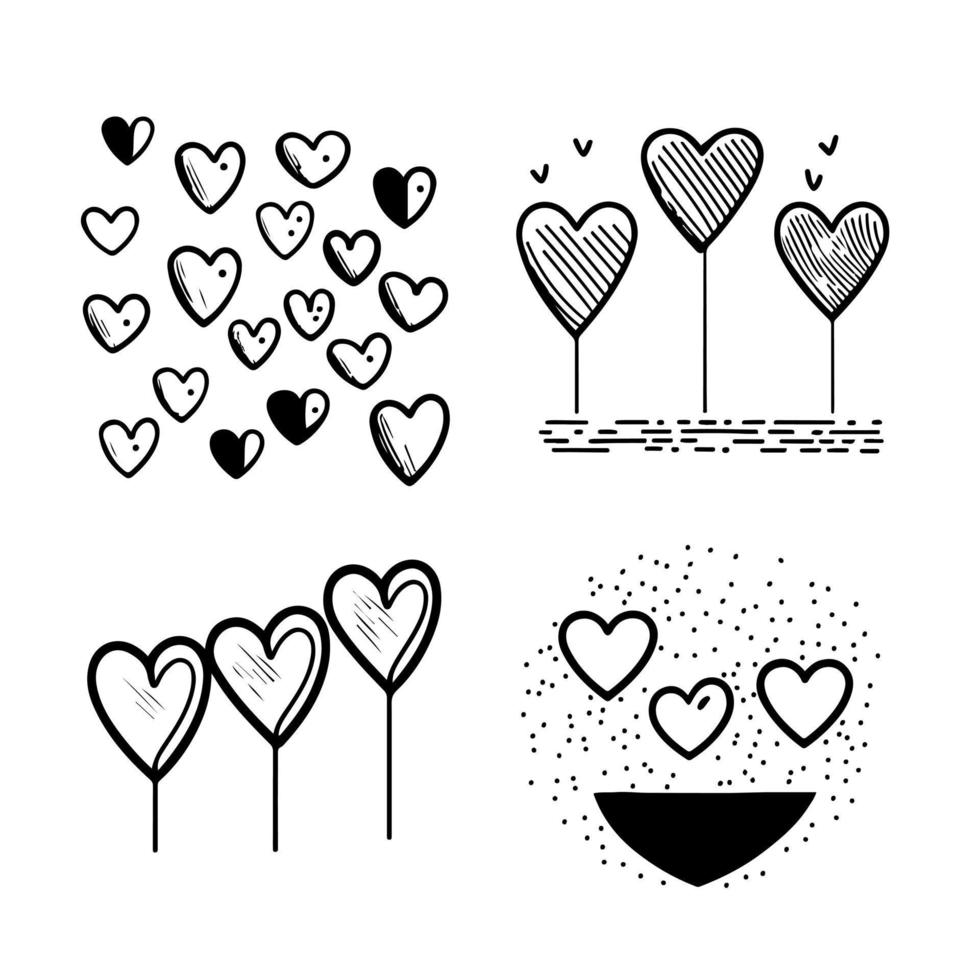 hand- getrokken hart harten liefde valentijnsdag dag tekening kattebelletje zwart lijn kunst schetsen icoon reeks vector illustratie