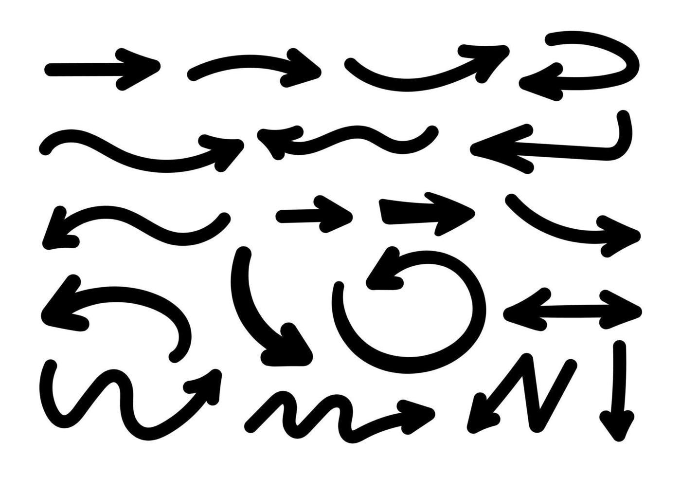 hand- getrokken pijl pijlen richting wijzer cursor lijnen tekening kattebelletje zwart lijn kunst schetsen reeks vector illustratie