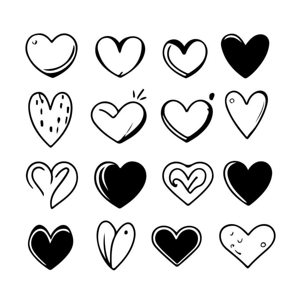 hand- getrokken hart harten liefde valentijnsdag dag tekening kattebelletje zwart lijn kunst schetsen icoon reeks vector