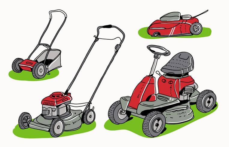 Red Lawn Mower Collection Hand getrokken vectorillustratie vector