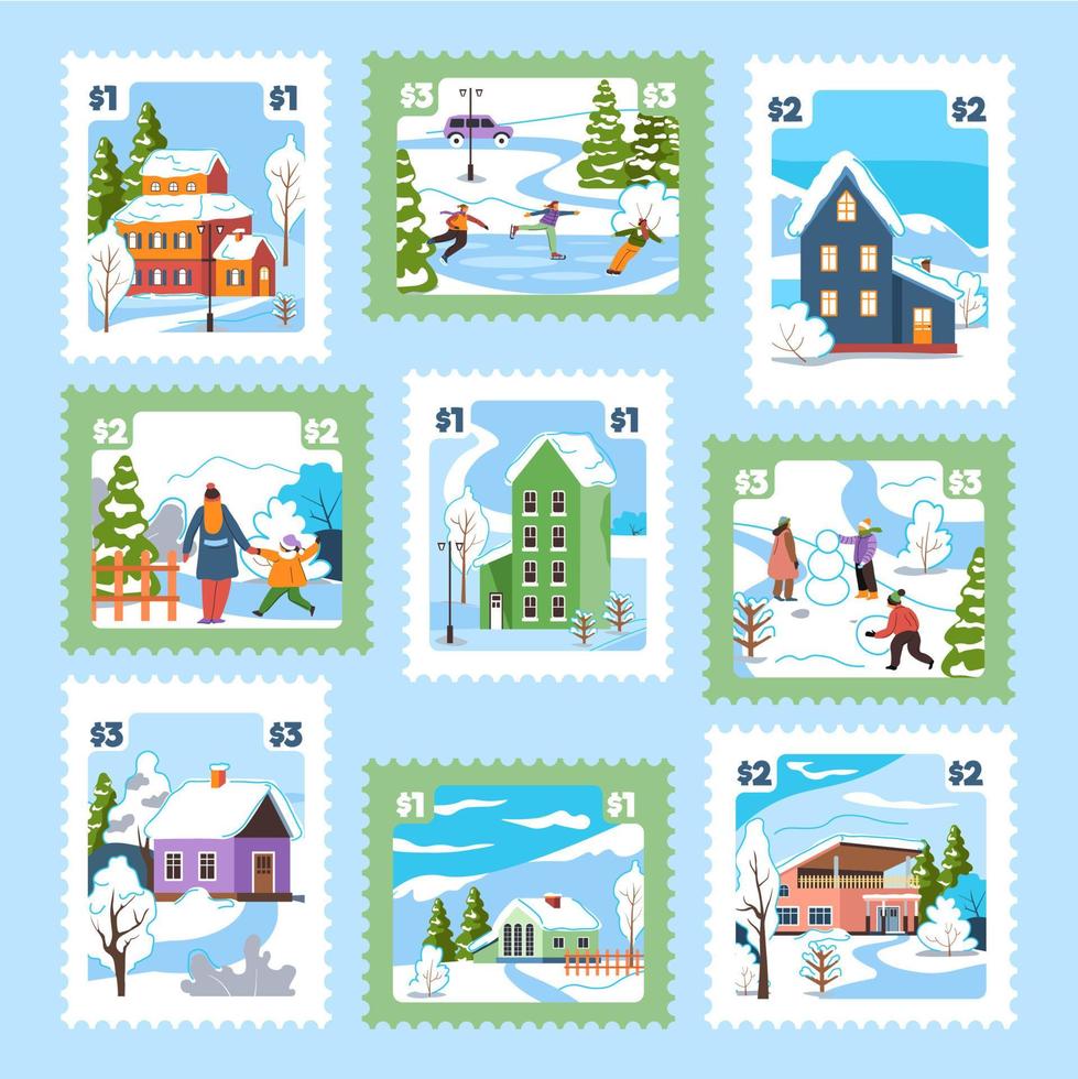 kleurrijk postzegel reeks met winter landschap, huizen vector