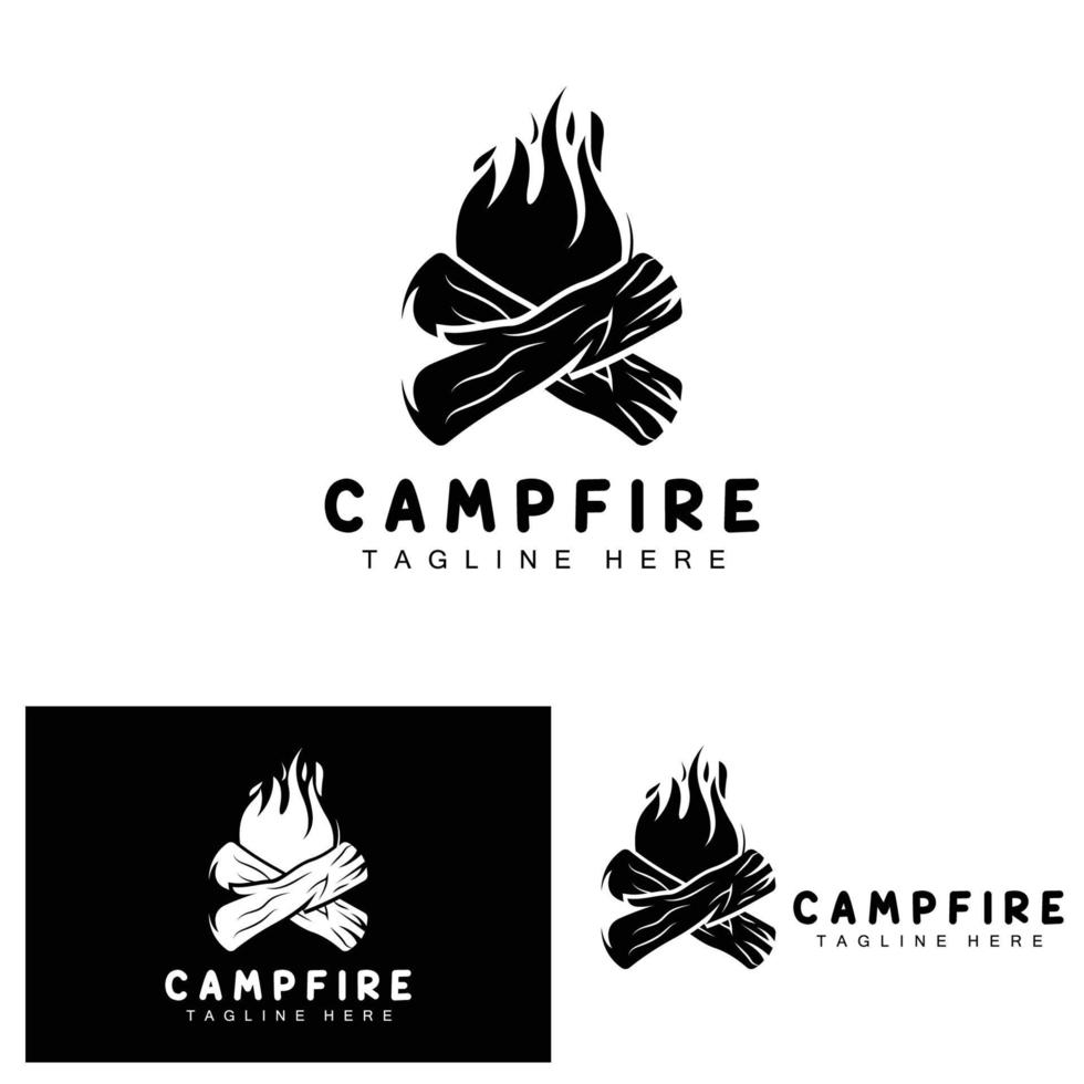 kampvuur logo ontwerp, camping vector, hout brand en Woud ontwerp vector