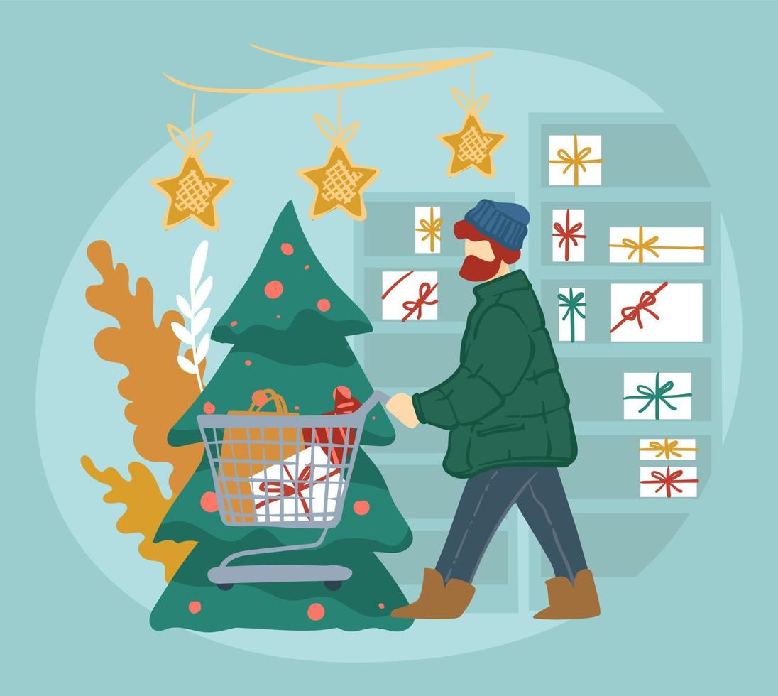 Mens boodschappen doen voor Kerstmis vakantie, kiezen presenteert vector