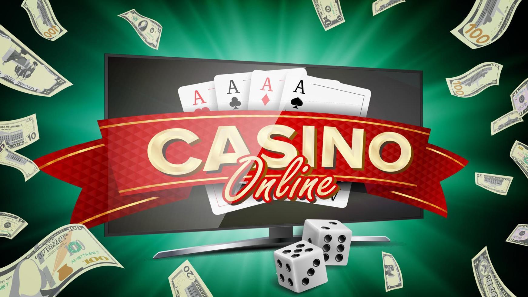 online casino banier vector. realistisch computer monitor. winnaar Lucky symbool. pot casino aanplakbord, bewegwijzering, afzet luxe poster illustratie. vector