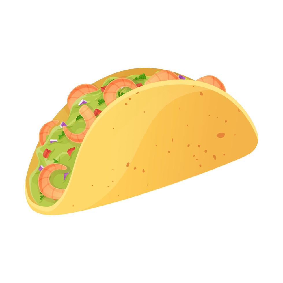 mexicano taco met garnalen en guacamole. latino Amerikaans voedsel illustratie in tekenfilm stijl geïsoleerd Aan wit achtergrond vector