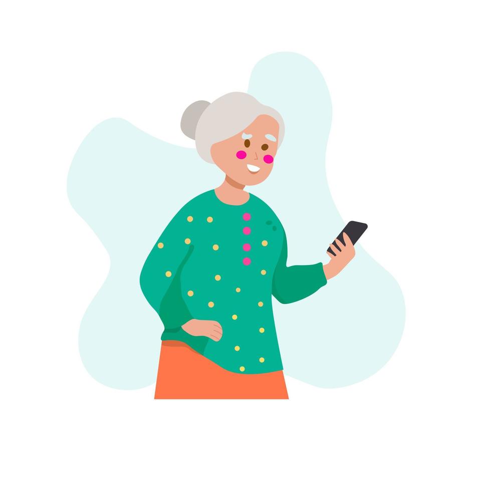 ouderen vrouw gelukkig op zoek Bij smartphone. senior mensen gebruik makend van slim apparaten. geïsoleerd vector illustratie