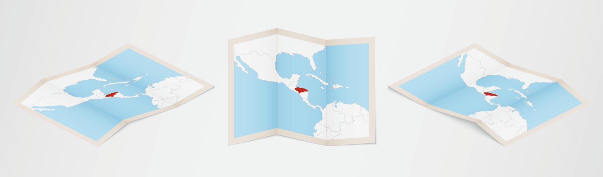 gevouwen kaart van Honduras in drie verschillend versies. vector