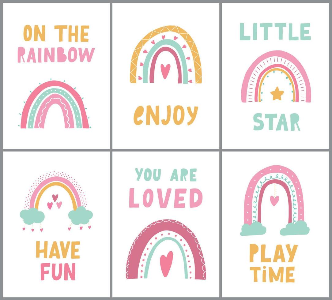 reeks van zes kinderkamer posters versierd met regenbogen en belettering citaten. mooi zo voor kleding en kleding, spandoeken, stickers, afdrukken, stationair, enz. eps 10 vector