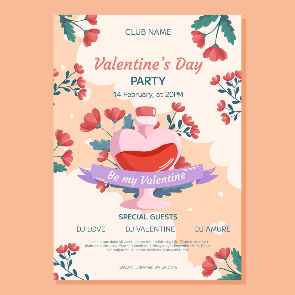 Valentijnsdag dag partij poster sjabloon ontwerp. liefde toverdrank fles concept illustratie met rood bloemen lint beige achtergrond. evenement uitnodiging voor club, decoratief harten en bloemen kader vector