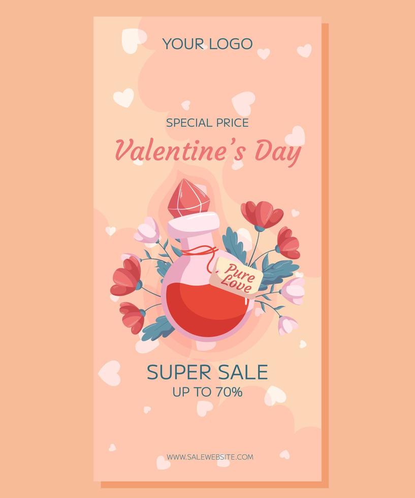 Valentijnsdag dag verticaal super uitverkoop banier sjabloon ontwerp. liefde toverdrank fles concept illustratie met rood en roze bloemen achter het. speciaal prijs concept online winkelen, vector