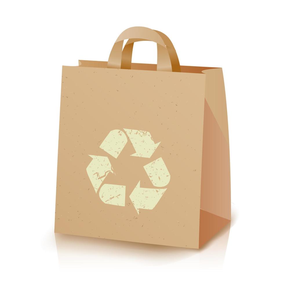 recycling zak vector. bruin papier lunch kraft zak met recycling symbool. ecologisch ambacht pakket. geïsoleerd illustratie vector