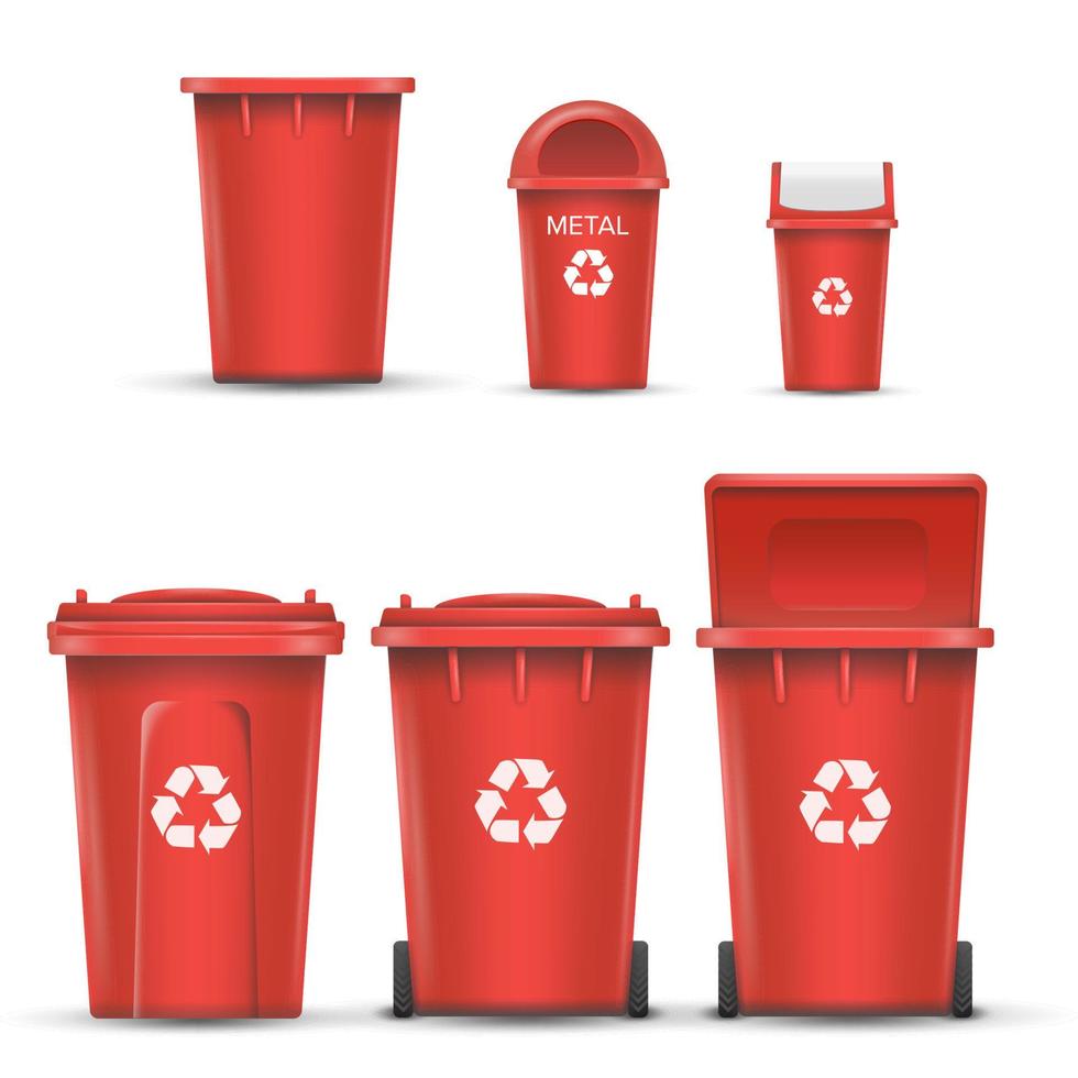 rood recycling bak emmer vector voor metaal afval. geopend en Gesloten. voorkant visie. teken pijl. geïsoleerd illustratie