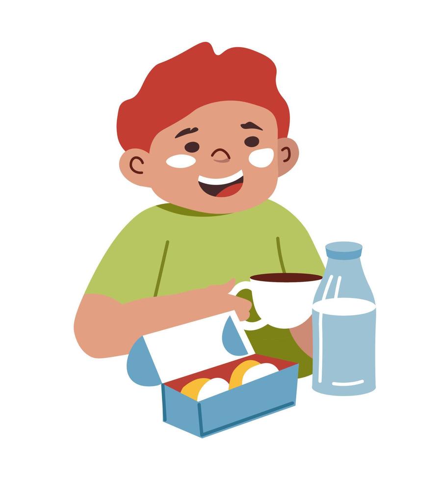 kind jongen aan het eten lunch Bij school, thee en snoepgoed vector