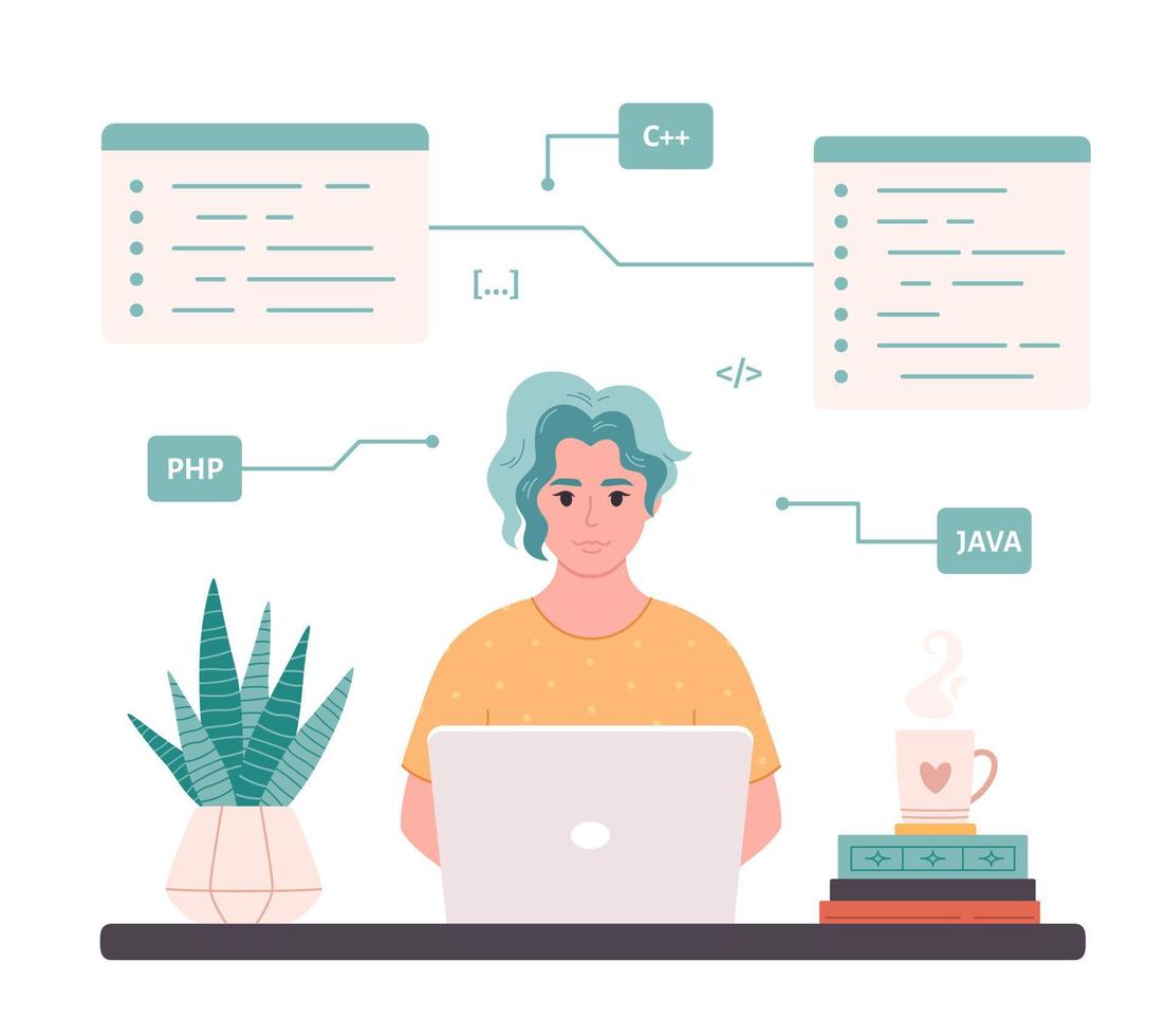 vrouw werken Aan laptop. vrouw het ontwikkelaar. programmering code. freelance, afgelegen werken vector