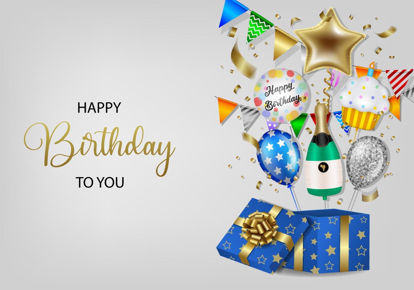 gelukkig verjaardag achtergrond met geschenk doos en partij ballonnen. verjaardag kaart met ballonnen vector