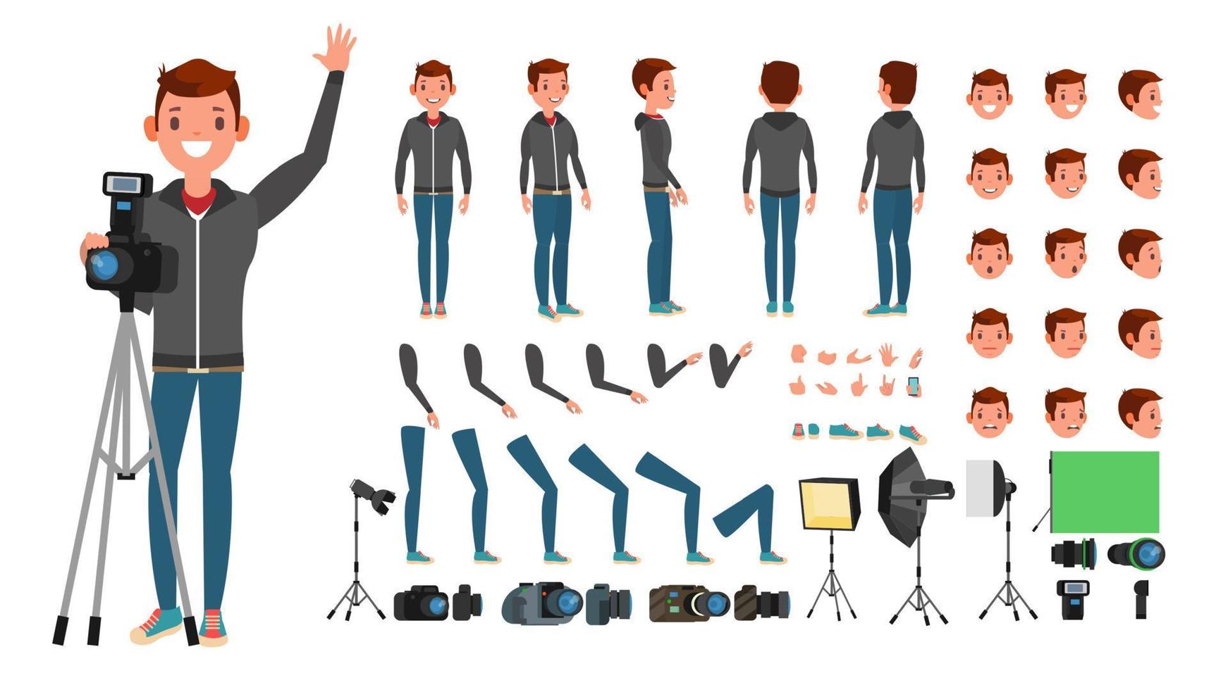 fotograaf Mens vector. nemen afbeeldingen. geanimeerd karakter set. vol lengte. accessoires, poseert, gezicht emoties, gebaren. geïsoleerd vlak tekenfilm illustratie vector