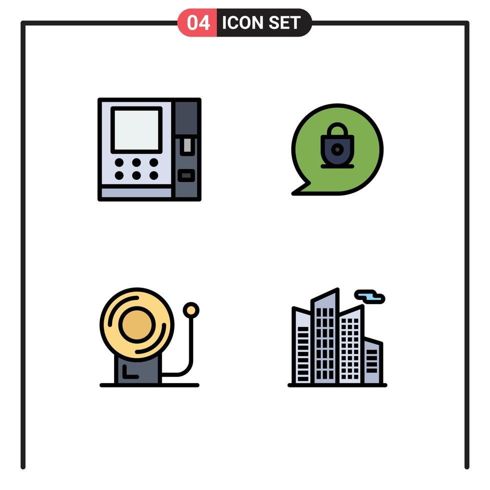 universeel icoon symbolen groep van 4 modern gevulde lijn vlak kleuren van Geldautomaat gebouw babbelen klok wolkenkrabber bewerkbare vector ontwerp elementen
