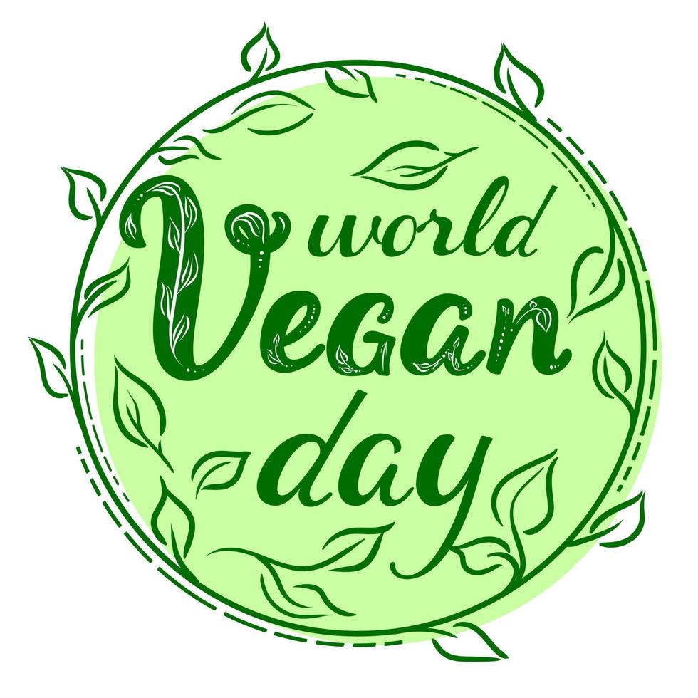 hand- getrokken wereld veganistisch dag kaart. veganistisch dag groet in een gestileerde cirkel van bladeren Aan een transparant achtergrond. vector illustratie