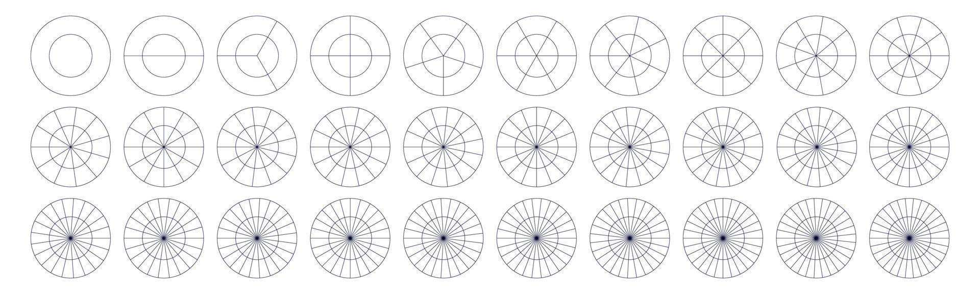 verdeeld meetkundig cirkels. segment plak set. gemakkelijk geometrie. diagram met secties of stappen. vector geïsoleerd illustratie
