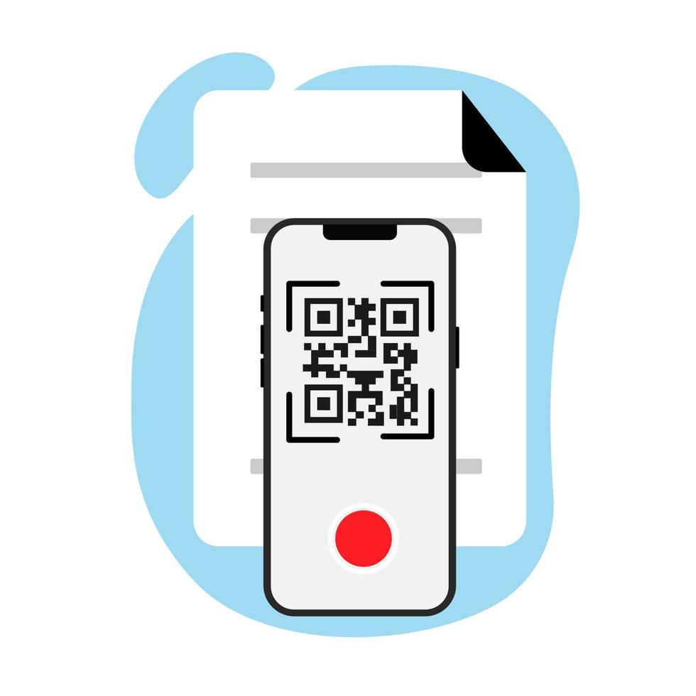 boodschappen doen zonder contant geld technologie concept. scannen de qr code naar betalen of te ontvangen meldingen. smartphone Aan camera mode is scannen een qr code in de document. vector vlak ontwerp illustratie.